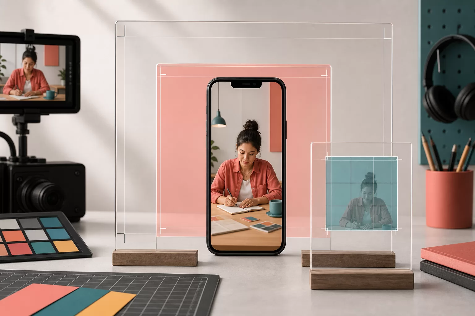 One vertical Reel shown through full-screen, feed-preview and profile-grid crop guides