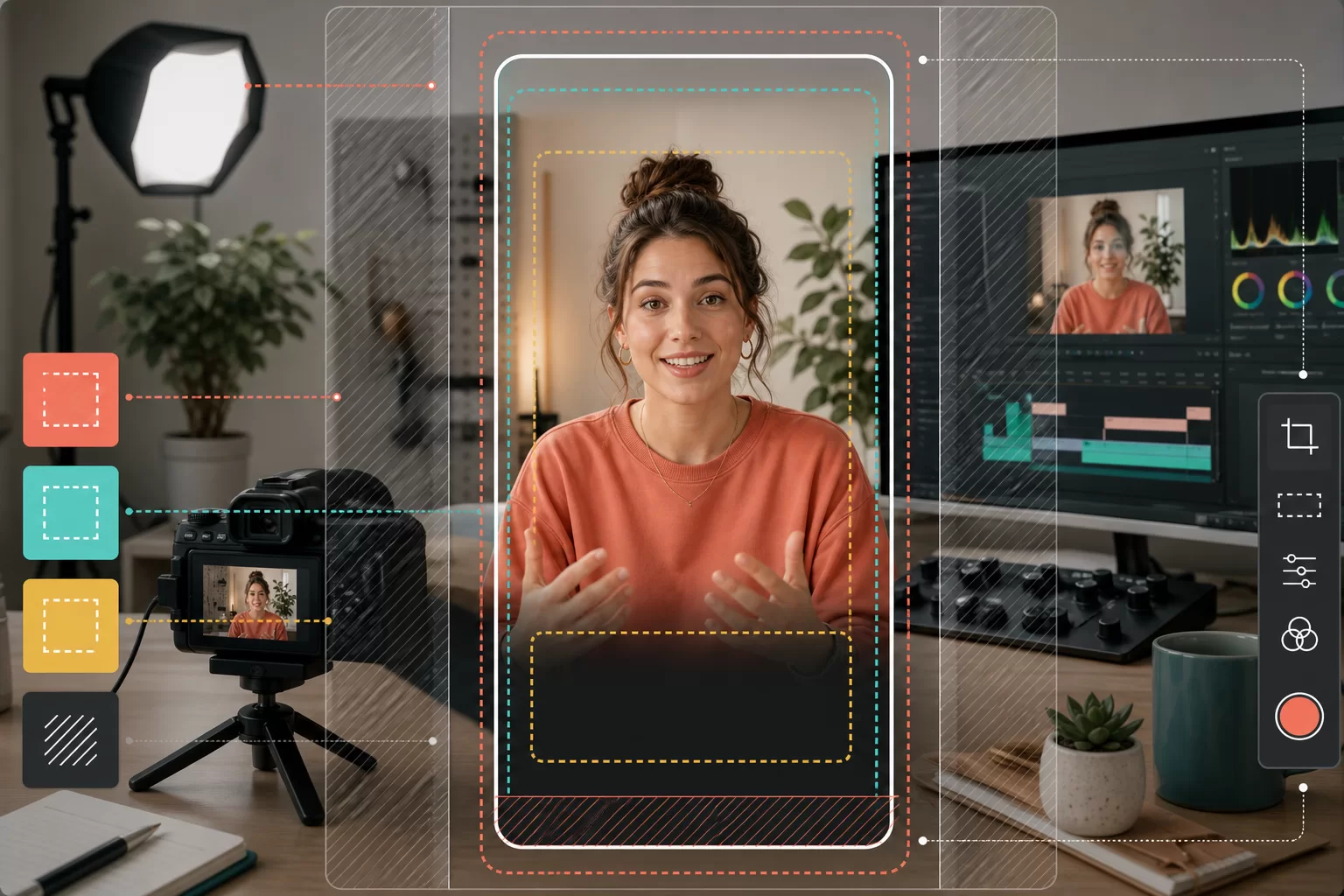 A vertical short-video frame with protected subject, caption and interface safe zones